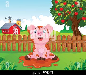 Cartoon cute baby pig in the garden Stock Vector