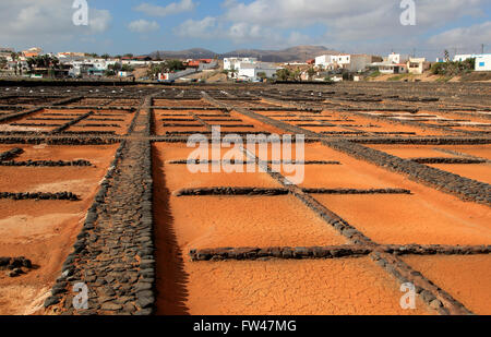 Evaporation of sea water in salt pans, Museo de la Sal, Salt museum, Las Salinas del Carmen, Fuerteventura, Canary Islands Spain Stock Photo