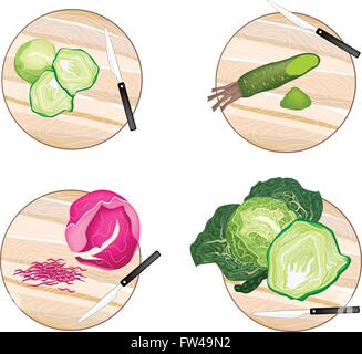 Vegetable, Brussels Sprout, Savoy Cabbage, Purple Cabbage and Wasabi on Wooden Cutting Boards. Stock Vector