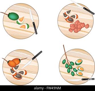 Vegetable and Herb, Illustration Whole and Half Betel Palm Nut or Areca Nut on Wooden Cutting Boards. Stock Vector