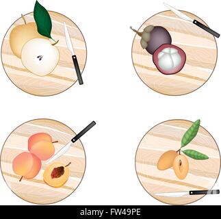 Fresh Fruit, Chinese Pear, Mangosteens, Peach and Sapodilla on Wooden Cutting Boards. Stock Vector