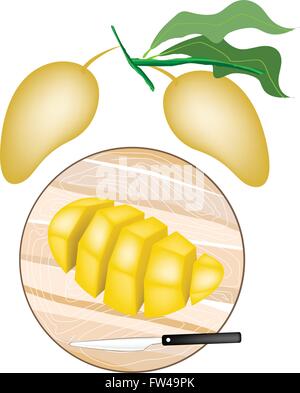 Fruit, Fresh Ripe and Sweet Mango on Wooden Cutting Board. Stock Vector