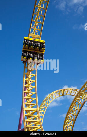 Roller coaster about to go into an upside down loop (Rage, Adventure Island, Southend-on-Sea, UK) Stock Photo