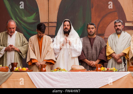 Jesus and the apostles at the last supper in the Passion play, Adeje, Tenerife, Canary Islands, Spain. Representacion de la Pasi Stock Photo