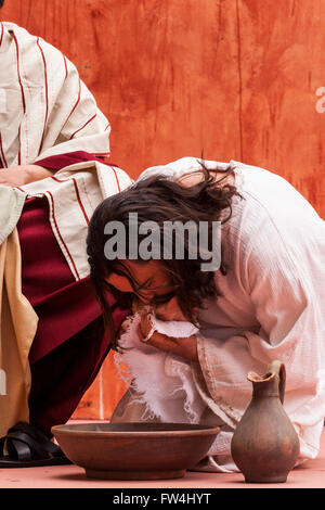 Jesus washes the feet of the apostles in the Passion play, Adeje, Tenerife, Canary Islands, Spain. Representacion de la Pasion. Stock Photo