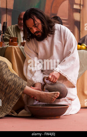 Jesus washes the feet of the apostles in the Passion play, Adeje, Tenerife, Canary Islands, Spain. Representacion de la Pasion. Stock Photo