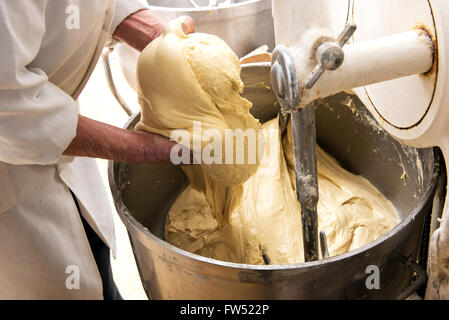 Baker holding a mound of raw dough in his hands above an industrial blending and mixing machine in his bakery in a close up view Stock Photo