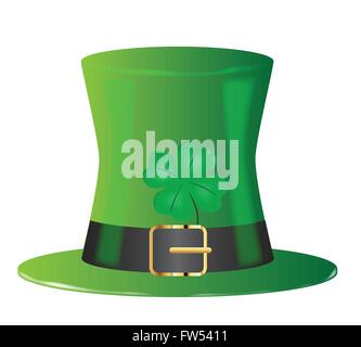 A lucky Irish leprechaun green top hat with four leaf shamrock isolated on white Stock Vector