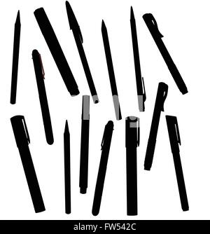 A collection of office pens in silhouette all isolated on white. Stock Vector
