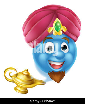 A cartoon emoticon or emoji genie like in the story of Aladdin coming out of a magic lamp Stock Photo