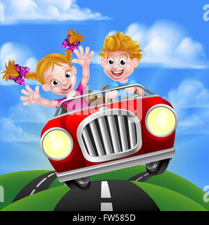 A cartoon man and woman having fun driving in a car on a road trip Stock Photo