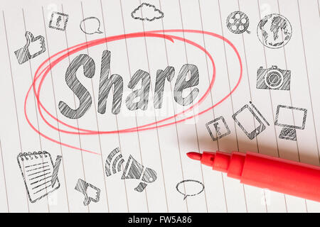 Share post note on linear paper with pencil sketches Stock Photo