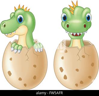 Cute baby dinosaur hatching, isolated vector on white Stock Vector