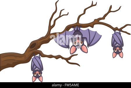 Happy cartoon bat hanging on tree Stock Vector