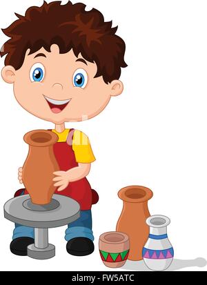 Happy little boy creating a vase on a pottery wheel Stock Vector