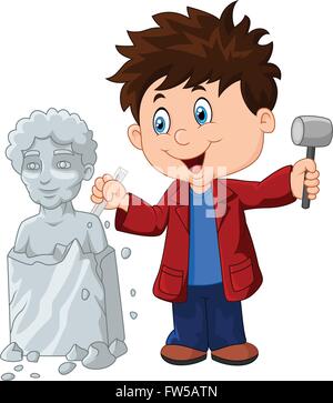Sculptor boy holding chisel and hammer Stock Vector
