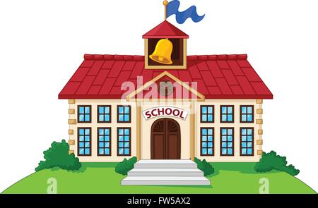 Cartoon school building isolated with green yard Stock Vector