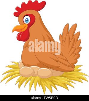 Cartoon hen in the nest brooding her egg Stock Vector