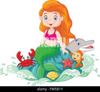 Cartoon happy little mermaid sitting on the rock Stock Vector