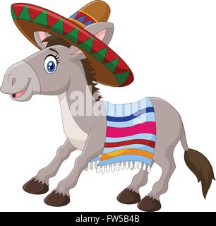 Mexican donkey wearing a sombrero and a colorful blanket. isolated on white background Stock Vector