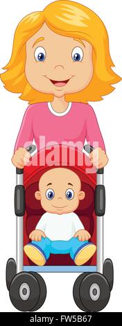 Cartoon a mother pushing a baby stroller Stock Vector