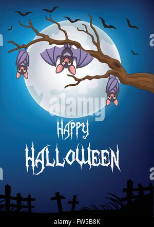 Halloween background with bat cartoon sleeping and hanging on a tree Stock Vector