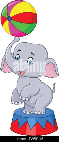 Circus elephant with a striped ball stands on a podium isolated on white background Stock Vector