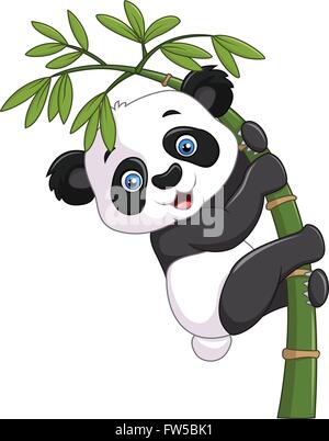 Cute funny baby panda hanging on a bamboo tree Stock Vector