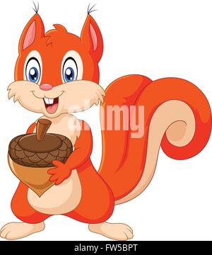 Cartoon squirrel holding pine cone isolated on white background Stock Vector