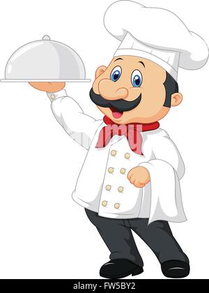 Cartoon happy chef holding a silver platter Stock Vector