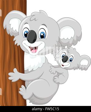 Cartoon baby koala on mother's back embracing tree Stock Vector