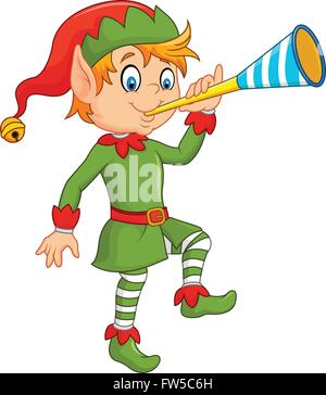 Cartoon funny elf blowing trumpet Stock Vector