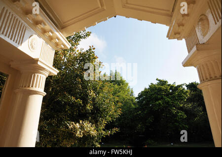 looking out: the porch of Gad's Hill Place, Higham, , above Rochester, Kent, the home of novelist Charles Dickens from 1857 Stock Photo