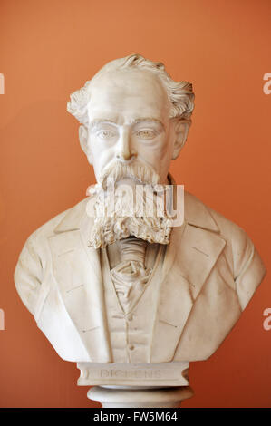 Bust of Charles Dickens in middle age. At the Charles Dickens Birthplace Museum; 393 Old Commercial Road, Portsmouth, PO1 4QL; the home of John and Elizabeth Dickens when he worked at the Navy Pay Office. This bust is similar to those produced by W.H. Goss, though the dimensions do not tally with their records. Stock Photo