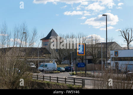 Aldi and Tesco adjacent stores in Cirencester, Gloucestershire, UK Stock Photo