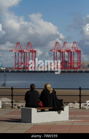 Enjoying the sun and view across the Mersey -Container port cranes at Seaforth Dock, Liverpool, Wallasey, Merseyside, UK Stock Photo