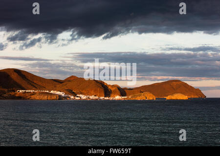 Cabo de Gata, Los Escullos, view of the Isleta del Moro, Cabo de Gata-Nijar Natural Park, Almeria province, Andalucía, Spain Stock Photo