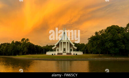 Uposatha at Wat Phra Dhammakaya temple at dawn, Khlong Luang District, Pathum Thani, Bangkok, Thailand, Stock Photo