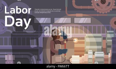 Welder Working Big Mechanism, Engineer Factory Interior, International Labor Day Stock Vector