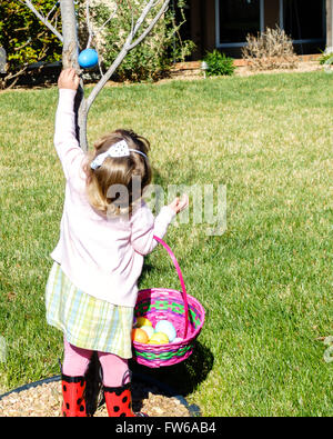 A two year old Caucasian toddler girl hunts Easter eggs, finding one in the crotch of a tree. Stock Photo