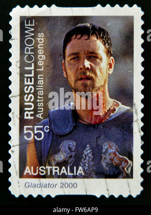 AUSTRALIA - CIRCA 2000: A stamp printed in Australia shows Russell Crowe as Gladiator, circa 2000 Stock Photo