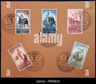 SPAIN - CIRCA 1960: Stamps printed in Spain dedicated to Bullfighting, circa 1960 Stock Photo
