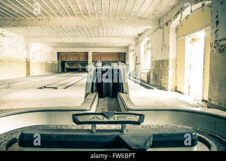 Orangeburg, New York, USA  - February 17, 2016:   Abandoned bowling alley inside recreation center at Rockland Psychiatric Hospi Stock Photo