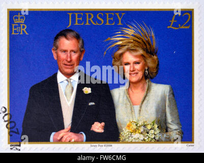 JERSEY - CIRCA 2006: A stamp printed in Jersey commemorating wedding the Prince of Wales and Camilla Parker Bowles, circa 2006. Stock Photo