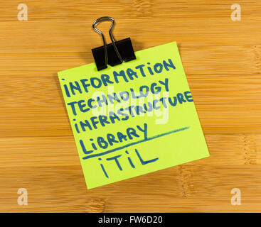 ITIL, Information technology infrastructure library sticky note on wooden background Stock Photo