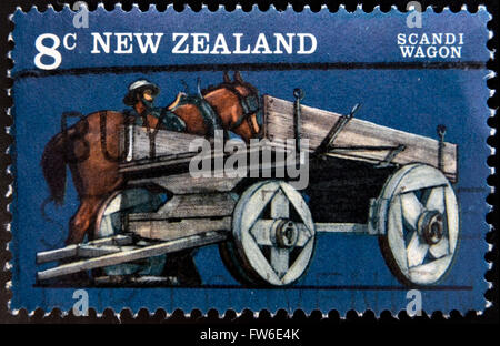 NEW ZEALAND - CIRCA 1976: stamp printed in New Zealand, shows Farm Vehicles, Scandi wagon, circa 1976 Stock Photo