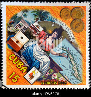 CUBA - CIRCA 2003: A stamp printed in cuba dedicated to Cuban cigars, shows a woman offering snuff, circa 2003 Stock Photo