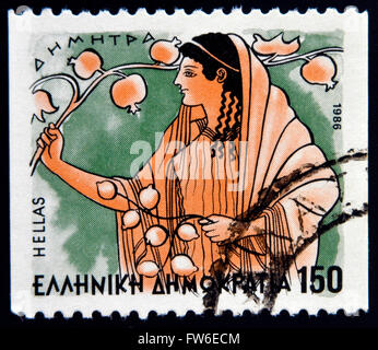 GREECE - CIRCA 1986: A stamp printed in Greece from the 'Gods of Olympus' issue shows goddess Demeter, circa 1986. Stock Photo