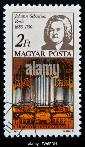 HUNGARY - CIRCA 1985: A stamp printed in Hungary shows Johann Sebastian Bach and Thomas Church organ, circa 1985 Stock Photo