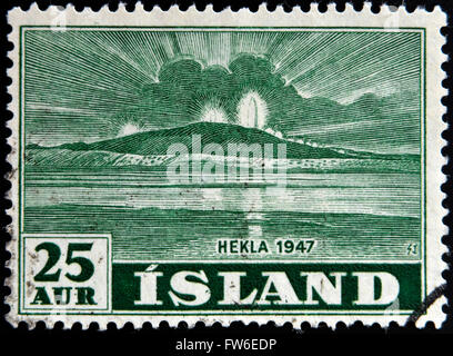 ICELAND - CIRCA 1947: A stamp printed in Iceland shows Hekla, circa 1947 Stock Photo